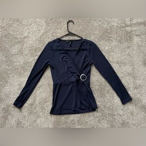 White House Black Market Top Faux Wrap Blue Navy with Ring Detail
